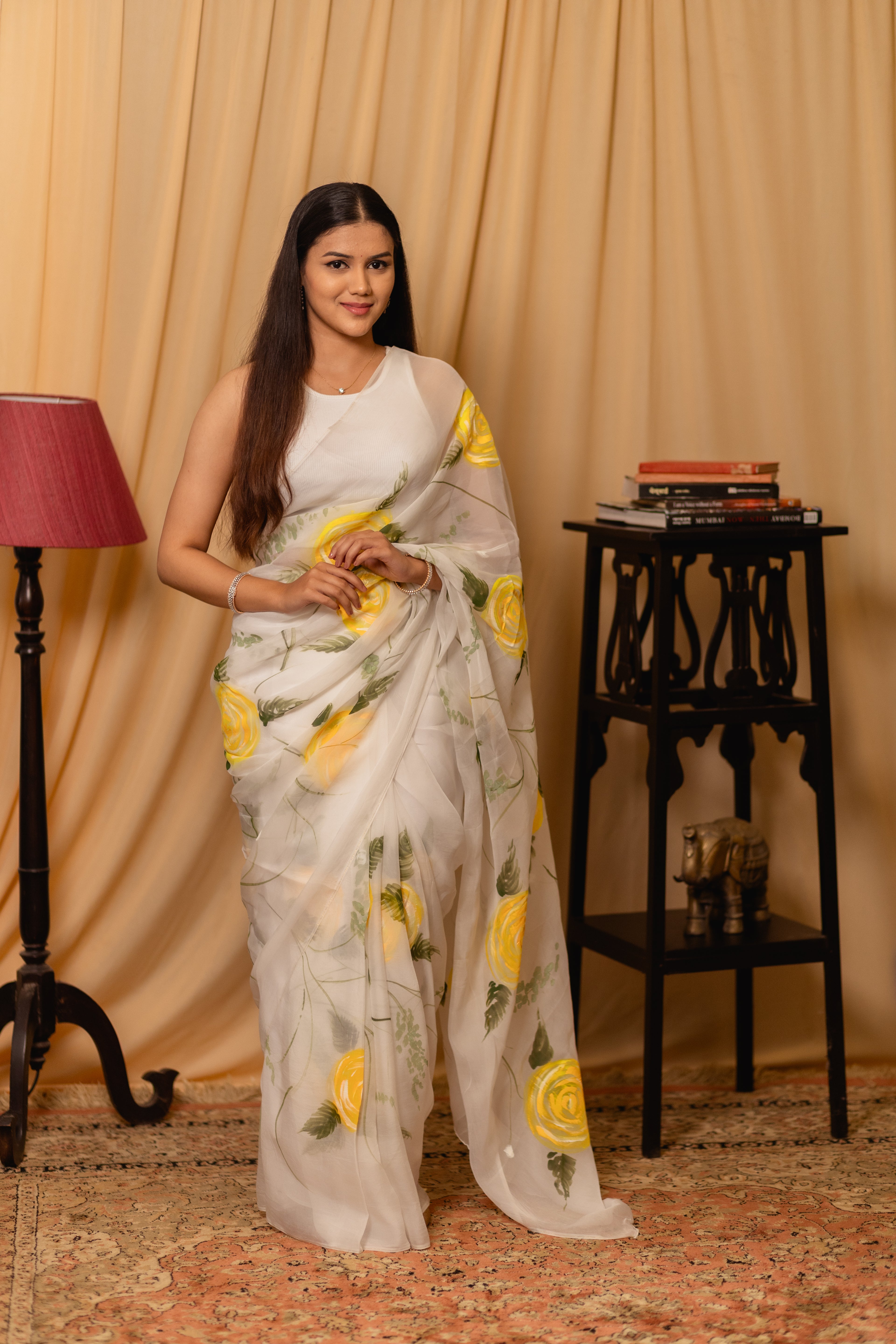 Cotton Tissue White & Yellow Floral Saree
