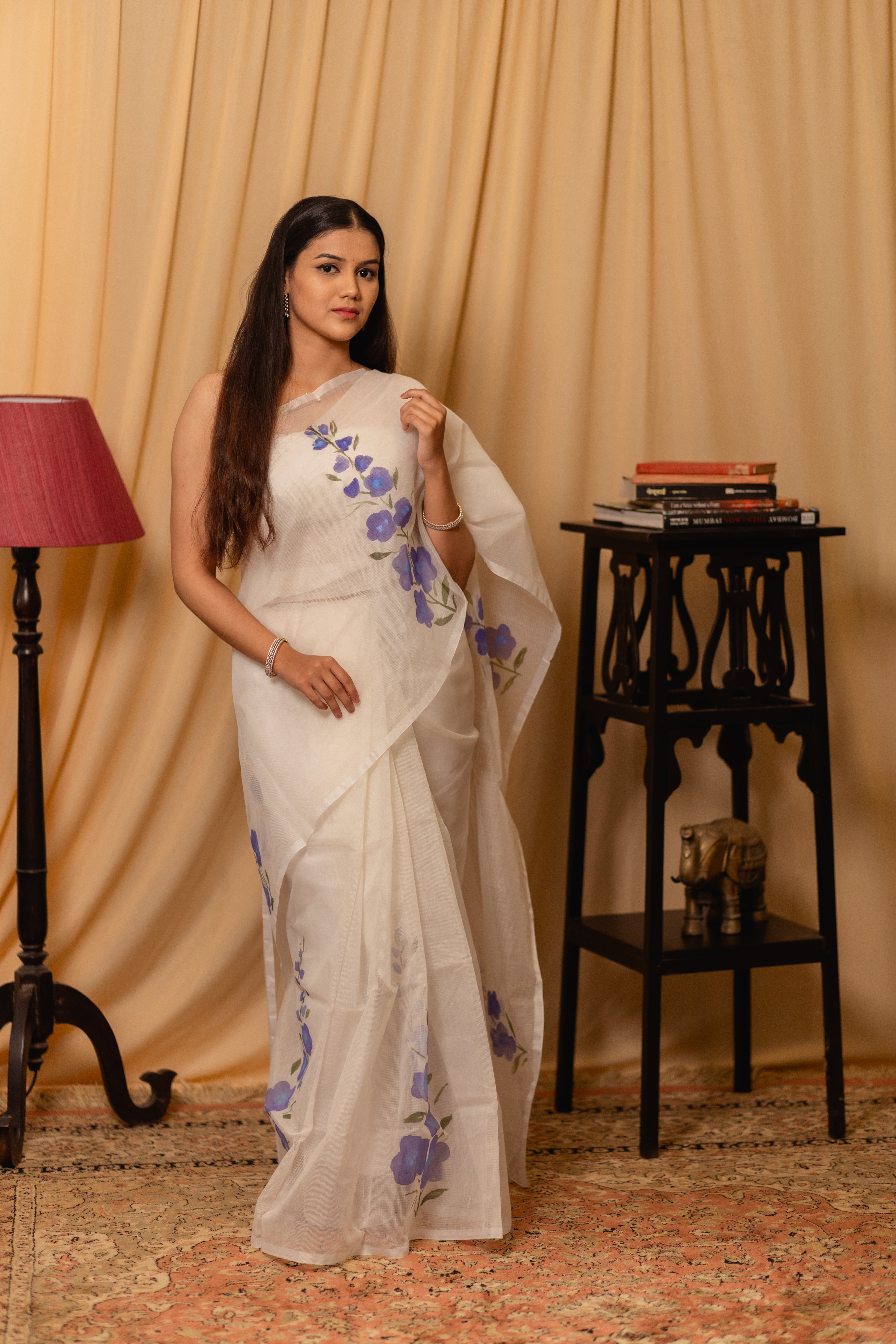 purple hand-printed floral designs saree