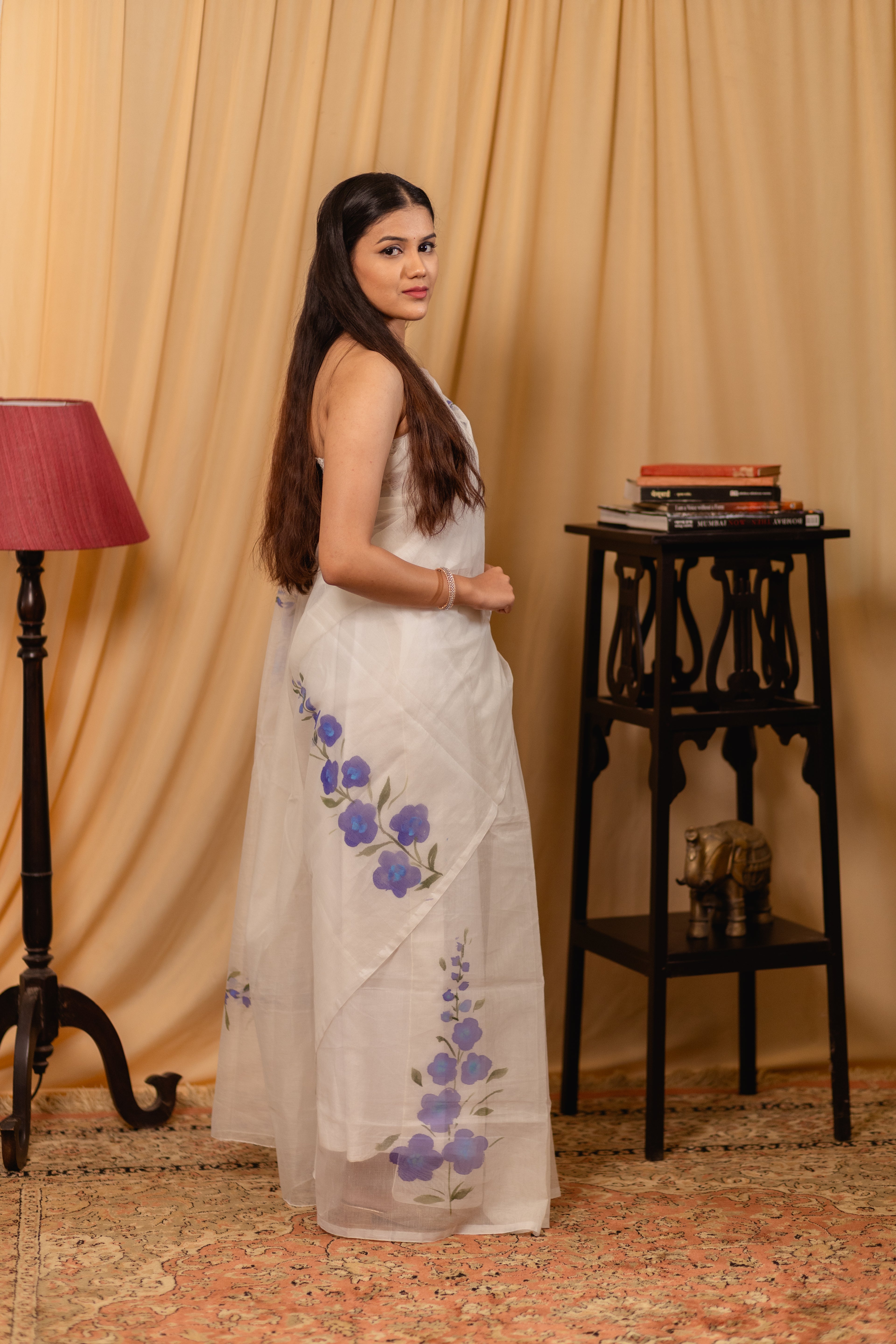 purple hand-printed floral designs saree