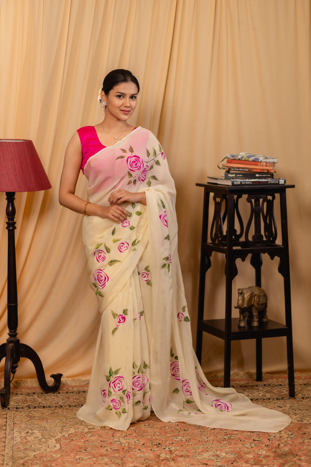 Cotton Tissue Pink Rose Floral Saree