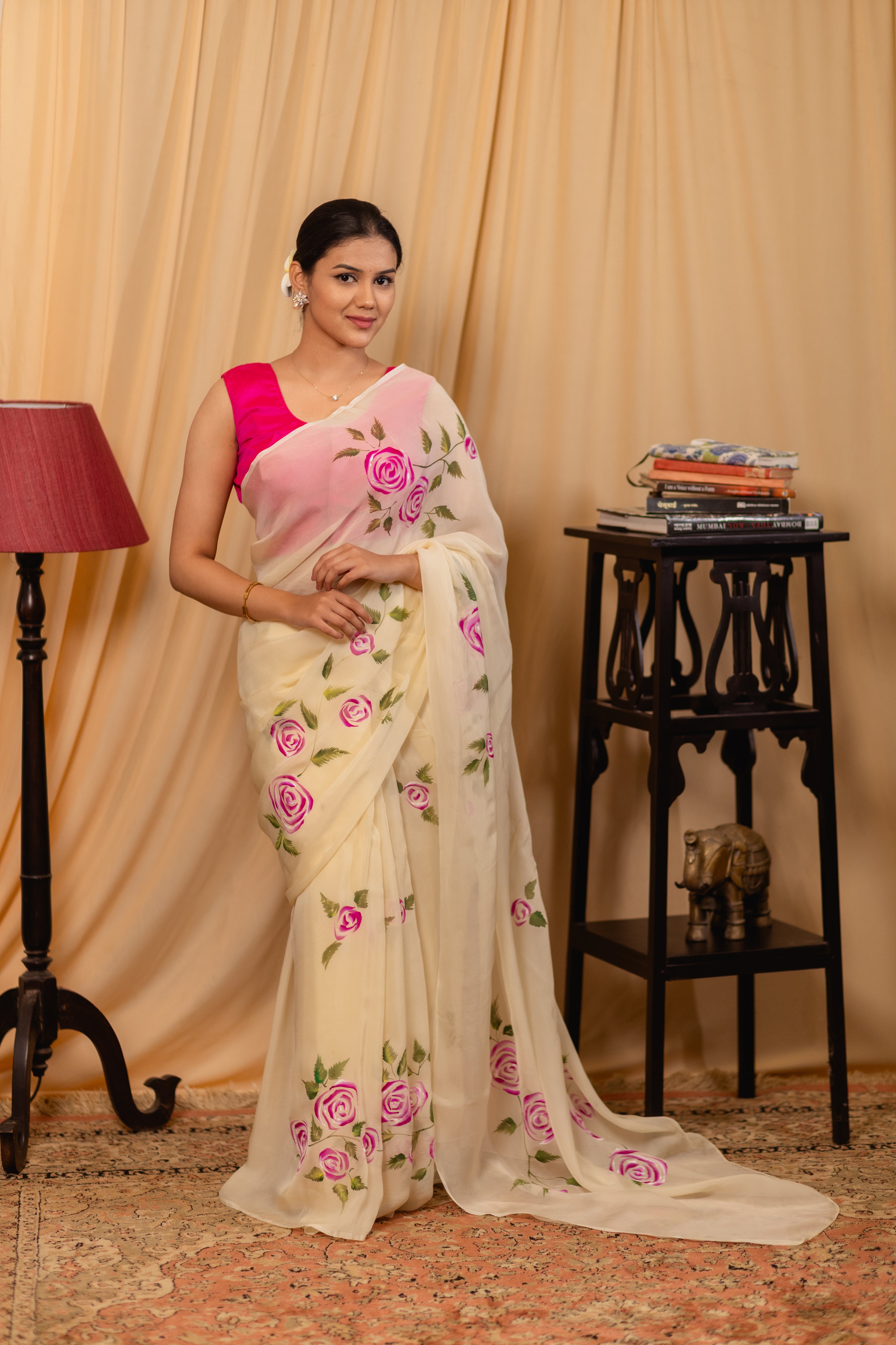 Cotton Tissue Pink Rose Floral Saree