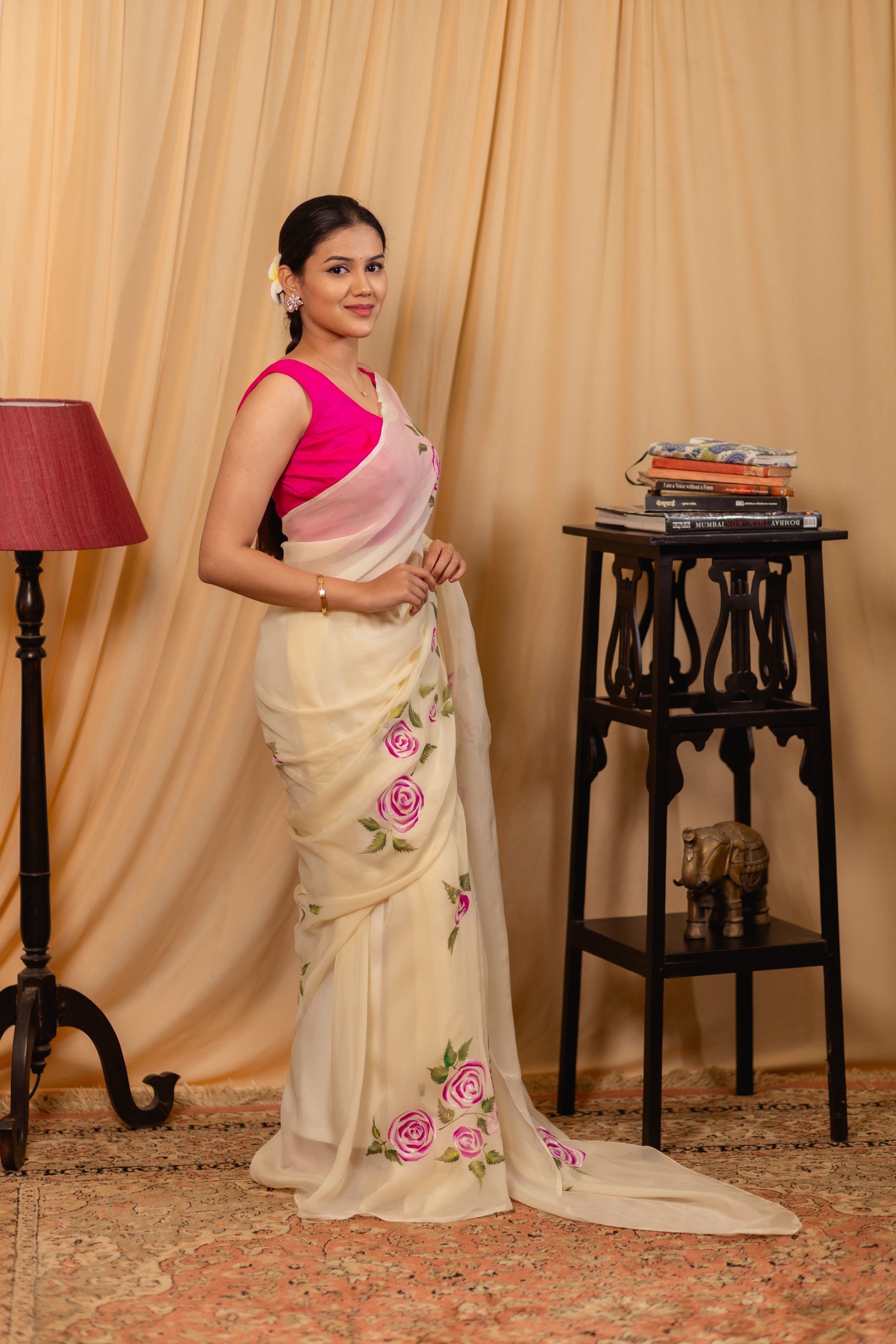 Cotton Tissue Pink Rose Floral Saree