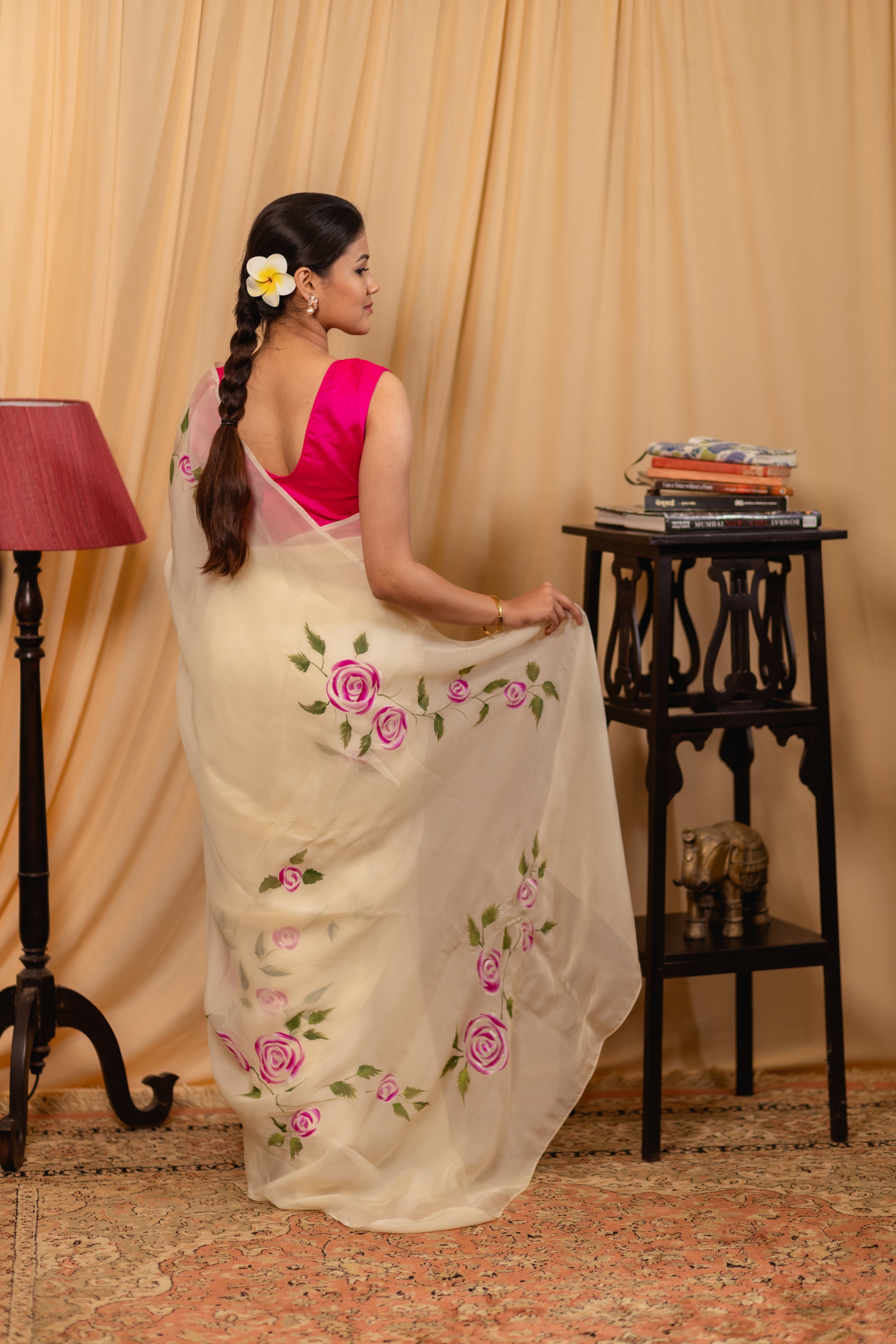 Cotton Tissue Pink Rose Floral Saree
