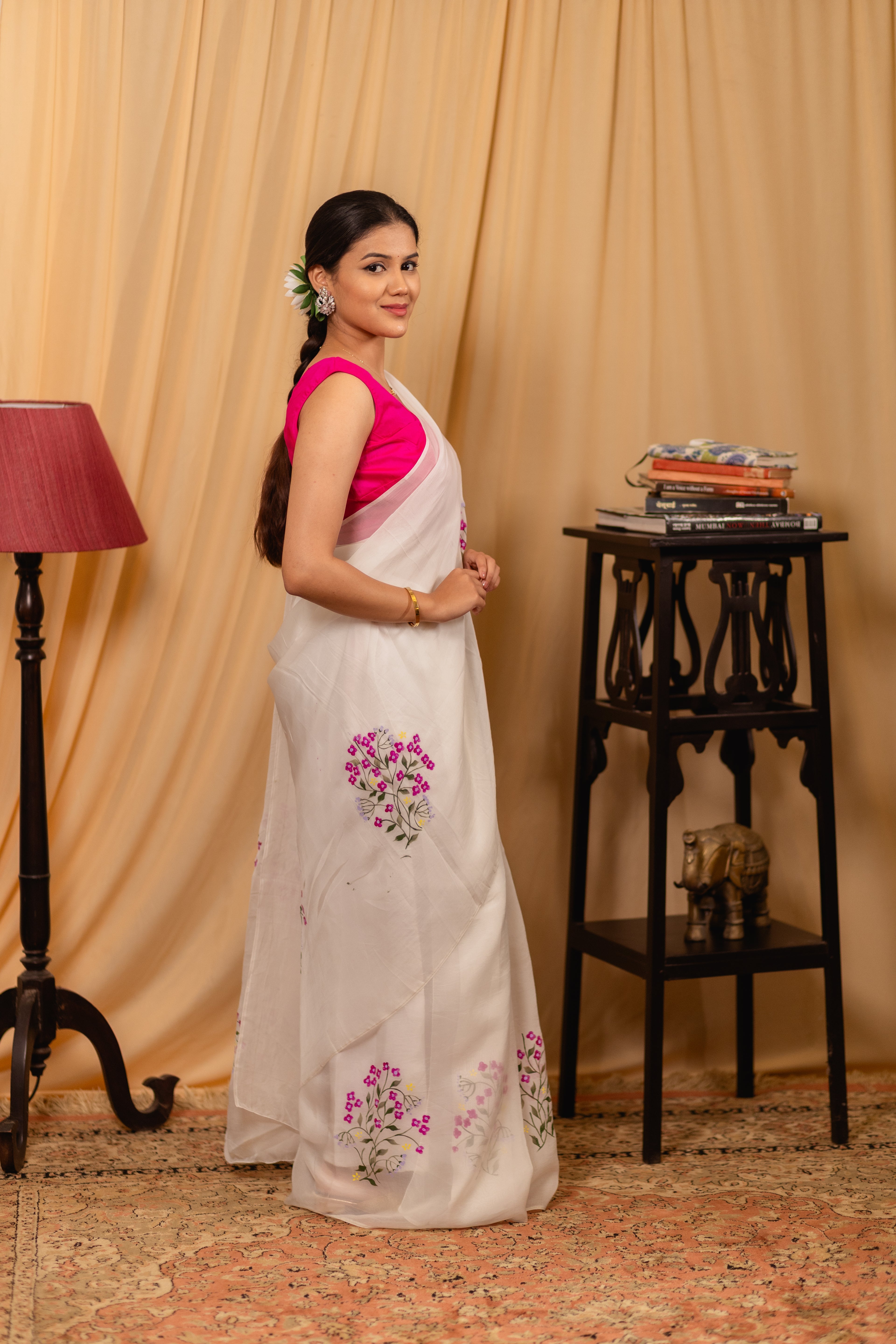 White Cotton Tissue Saree with Floral Hand-Paint Design