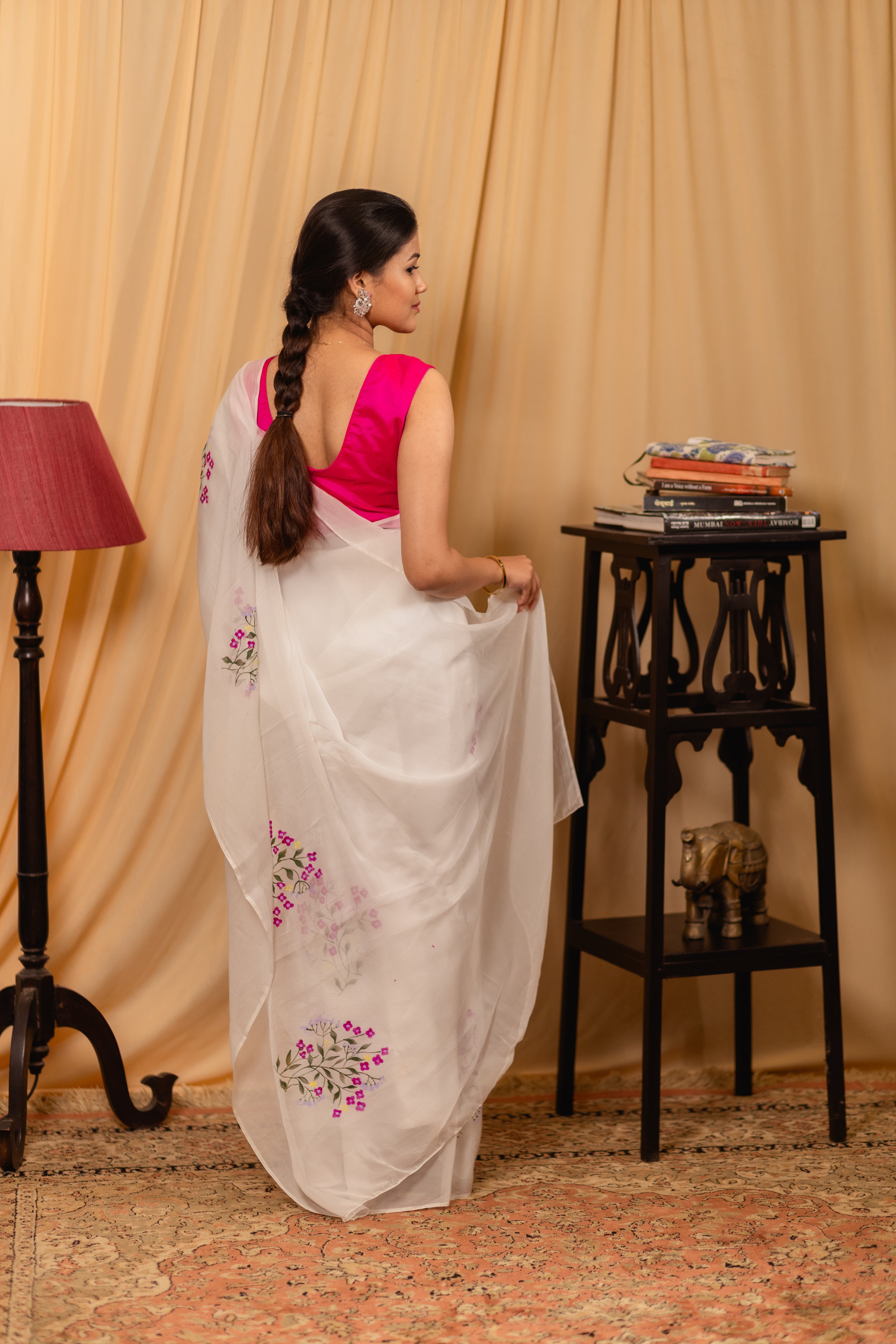 White Cotton Tissue Saree with Floral Hand-Paint Design