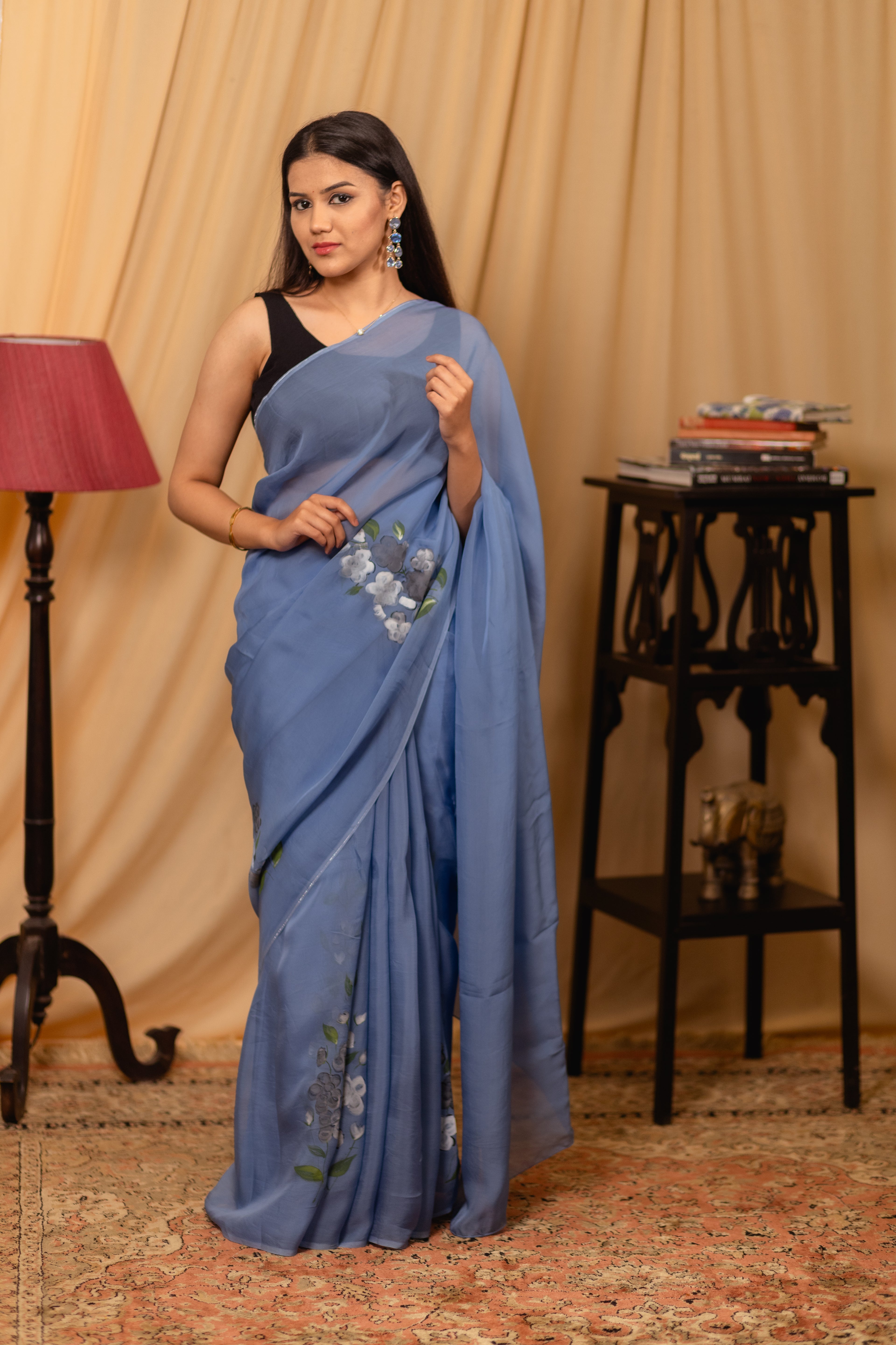 Blue Saree with Exquisite Hand-Printed Design