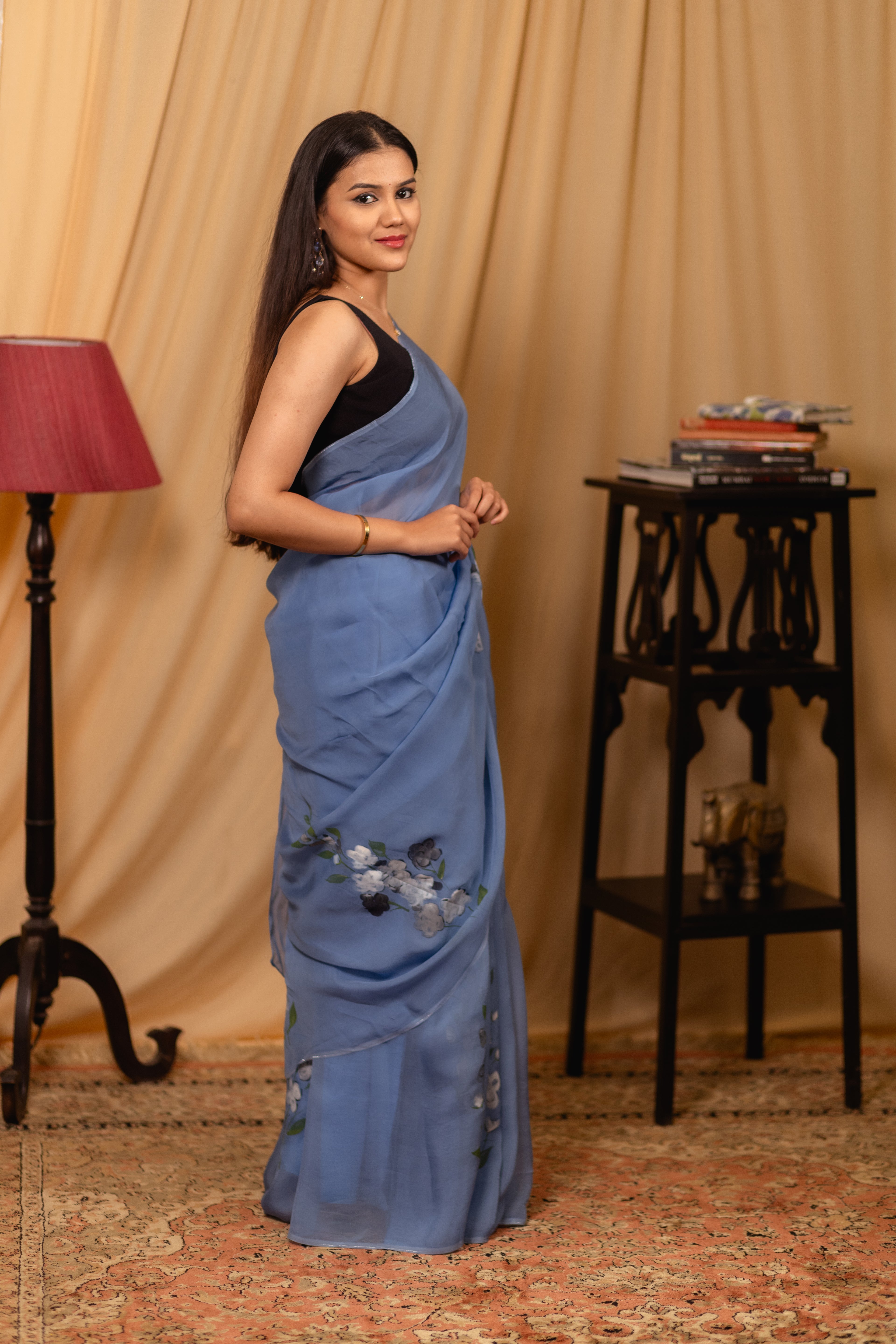 Blue Saree with Exquisite Hand-Printed Design