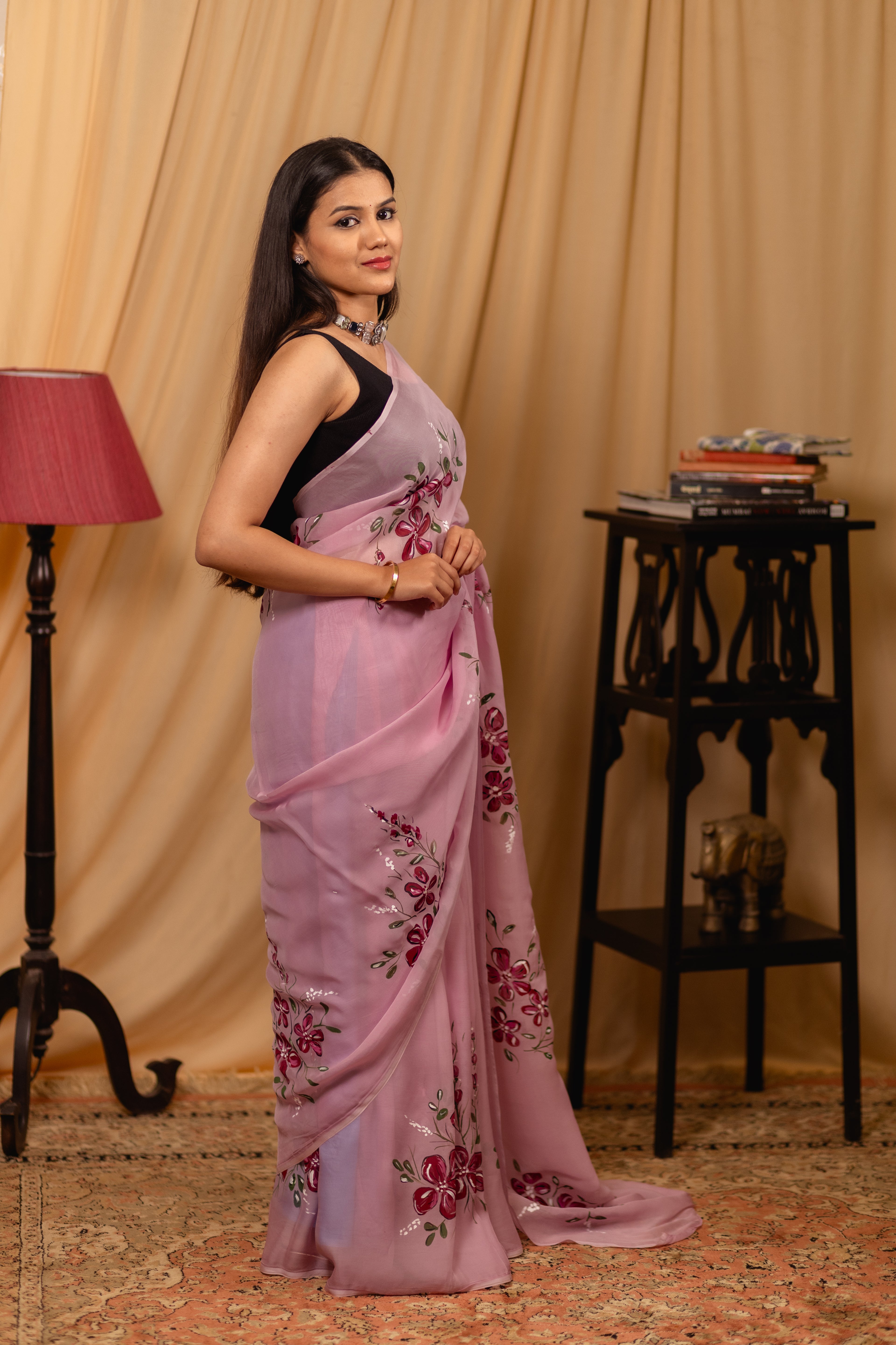 Wine Cotton Tissue Saree with Floral Hand-Paint Design