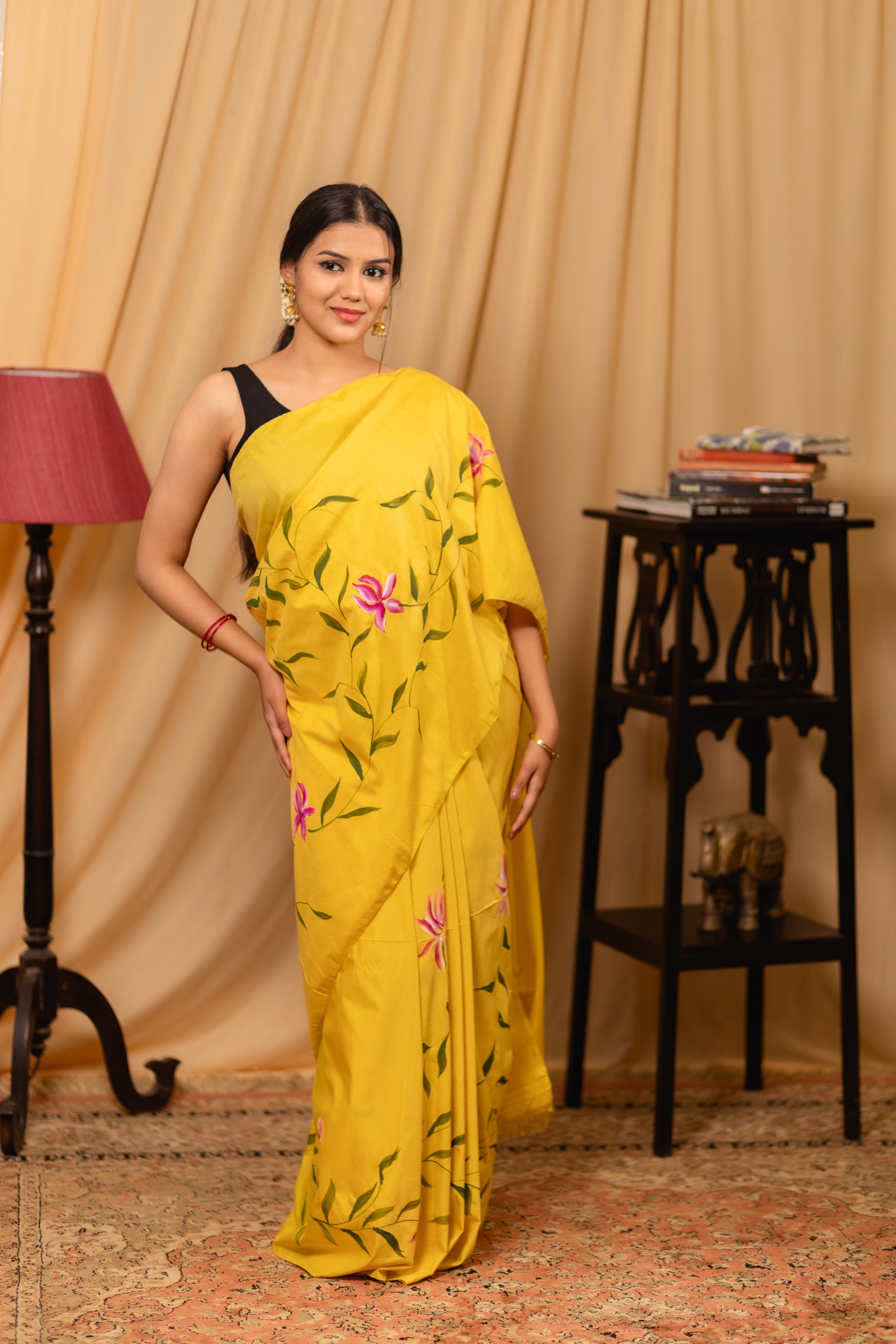 Yellow Saree with Hand-Printed Design
