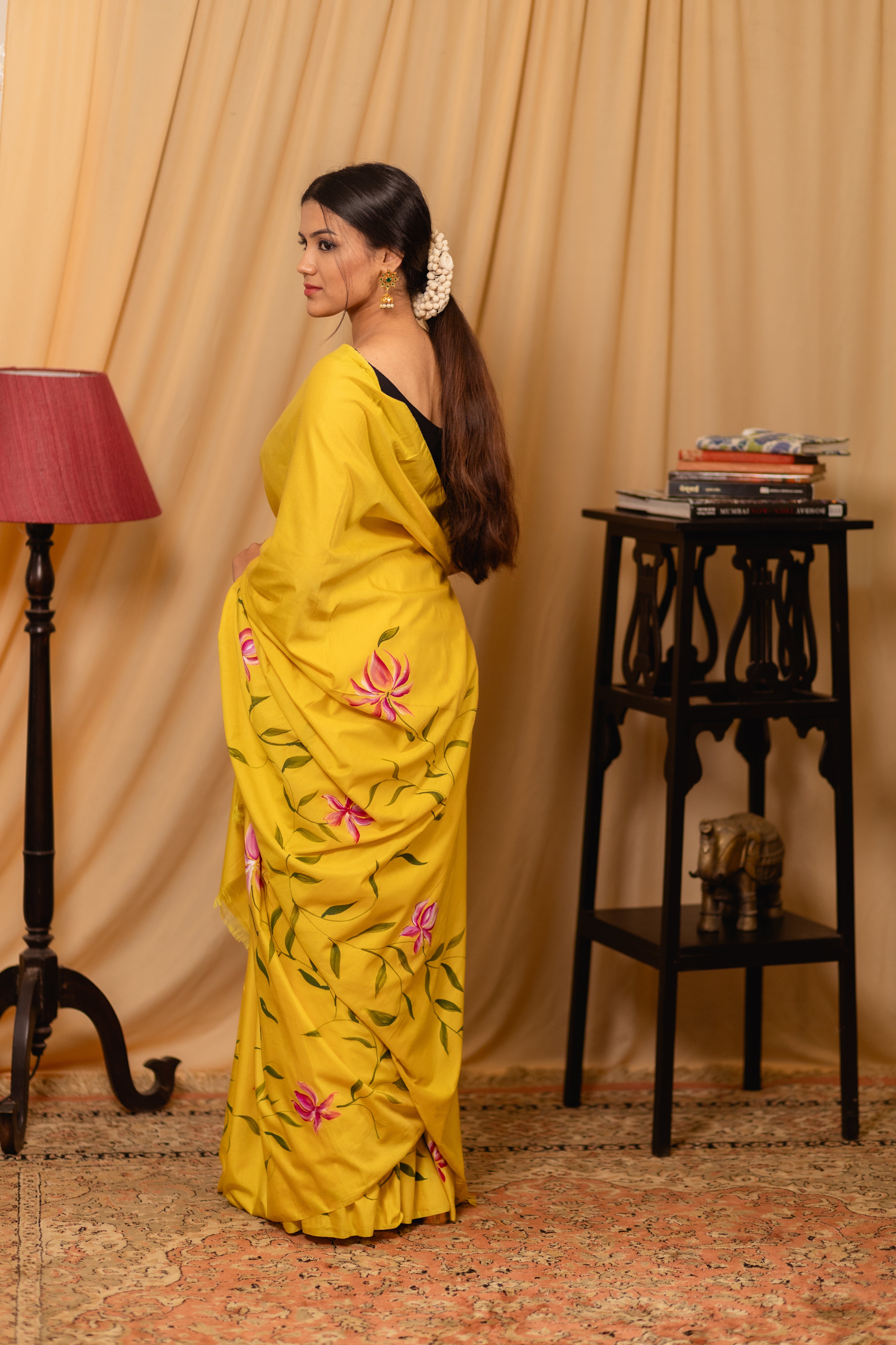 Yellow Saree with Hand-Printed Design