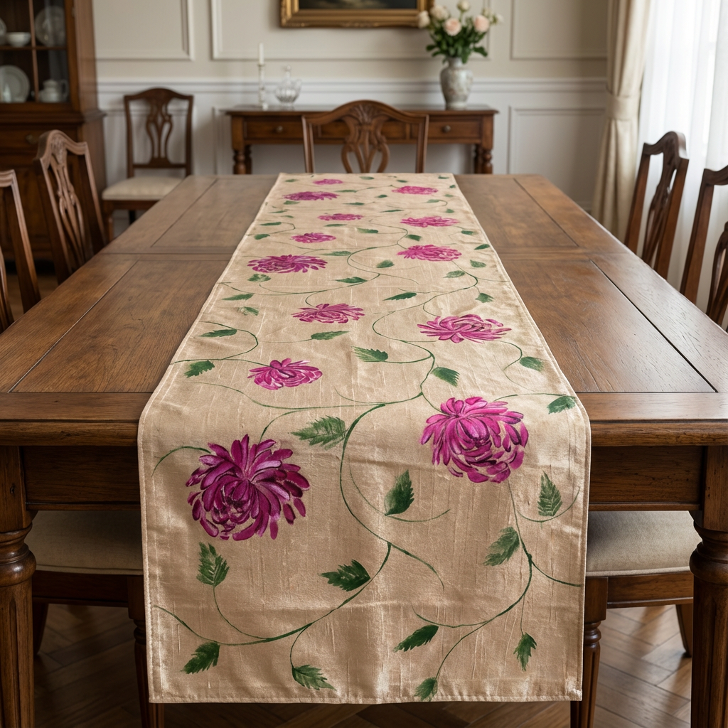 Pure Bliss Beige Table Runner – Pink Flower Hand-Painted Art