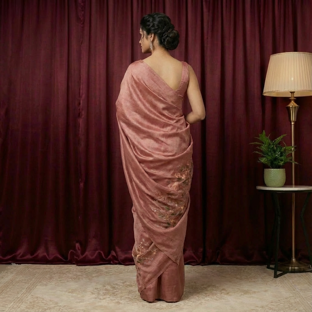 Banana Brown Heritage Silk Saree – Hand-Printed Beauty