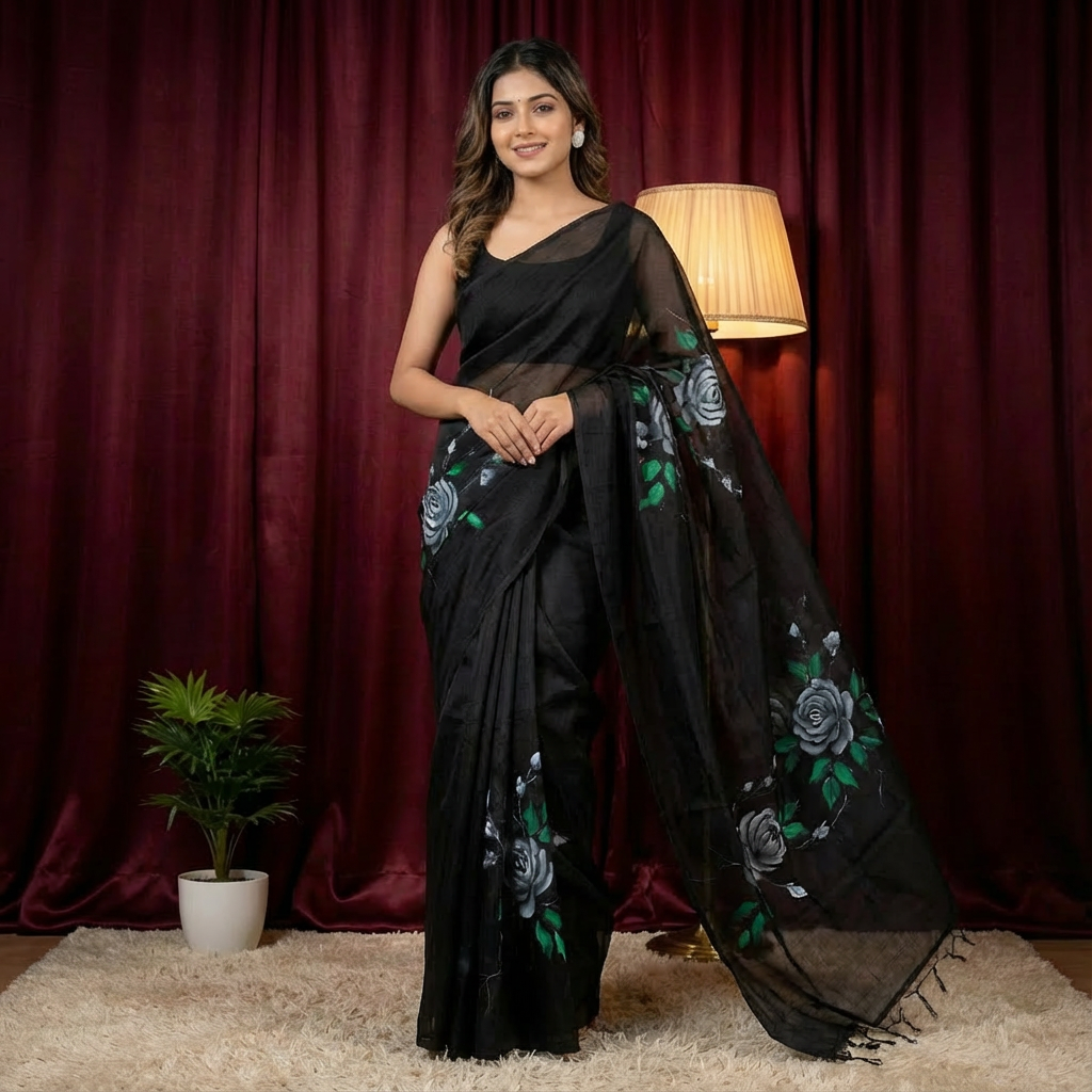 Royal Noir Kota Saree – Hand-Painted Artistic Design