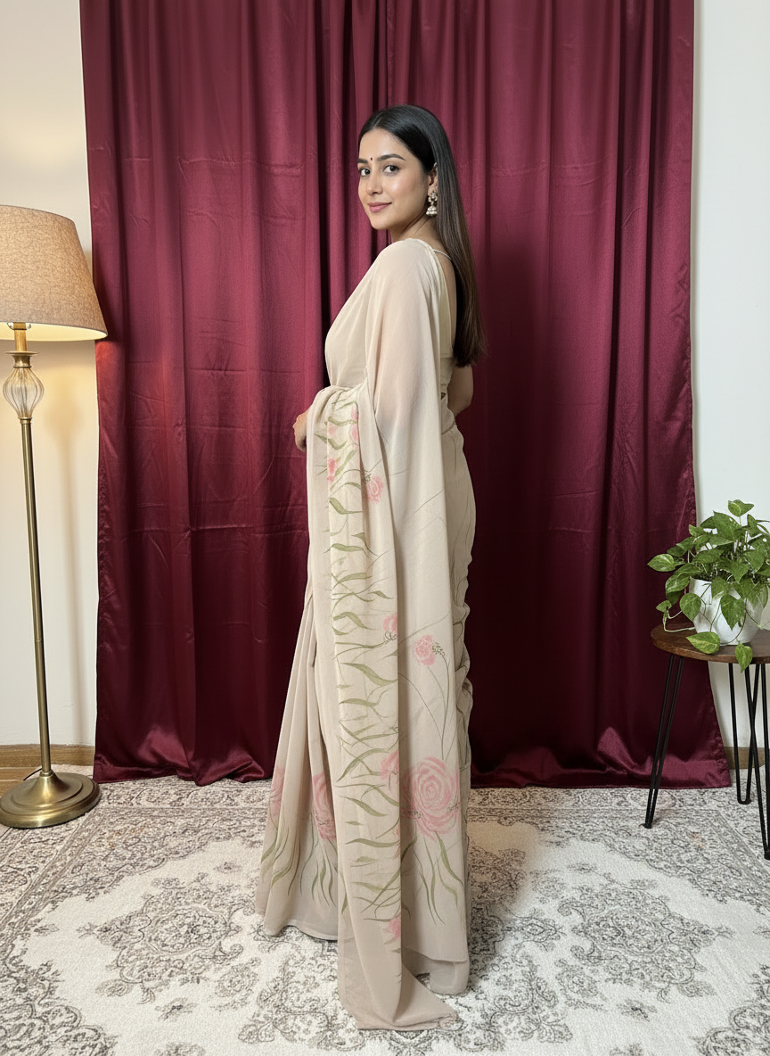 Serene Sand Beige Georgette Hand paint Saree