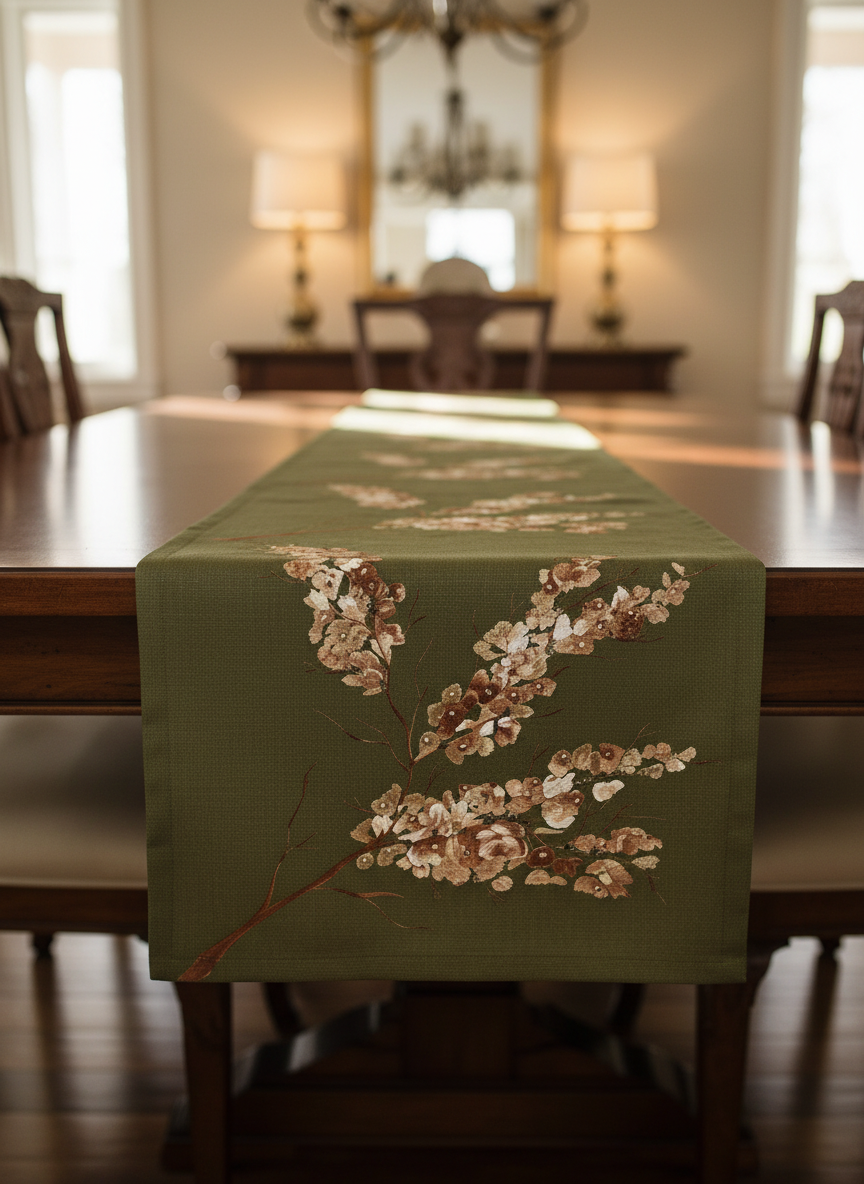 Olive Green Hand-Painted Design Table Runner