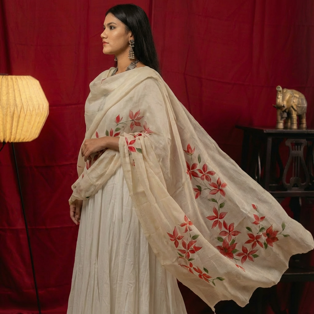 Blossom Red dupatta- Cotton Dupatta with Hand-Paint Flora Design