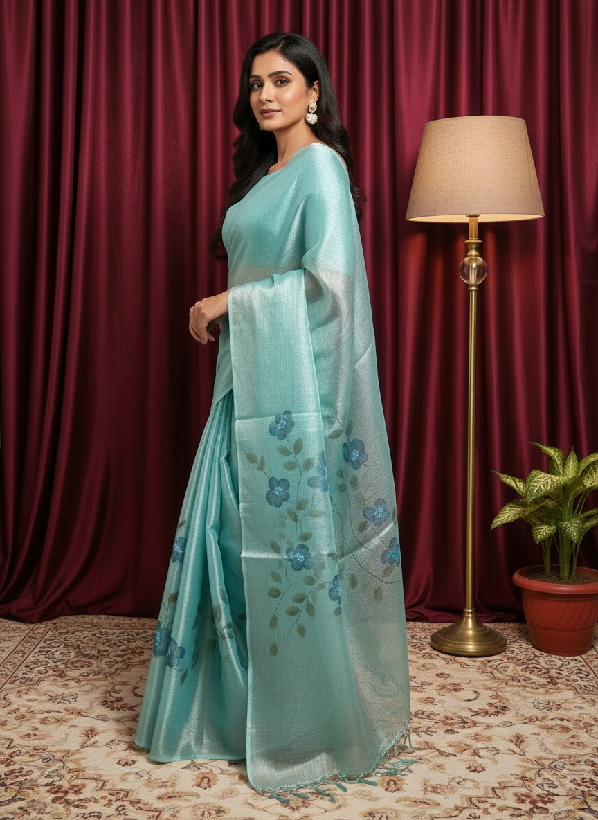 Cotton Tissue Cyan Floral Hand-Printed Saree