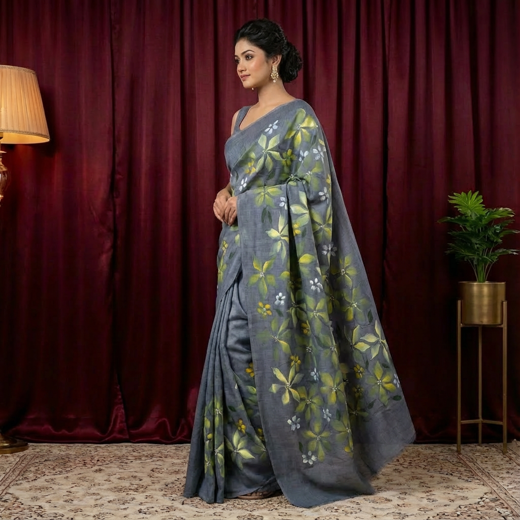 Banana Silk Gray Saree with Hand-Printed Design