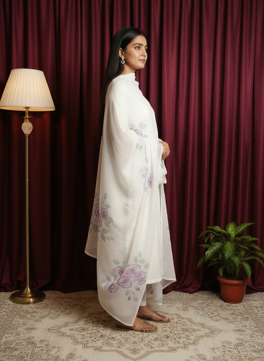 White Grace Hand-Painted Cotton Dupatta