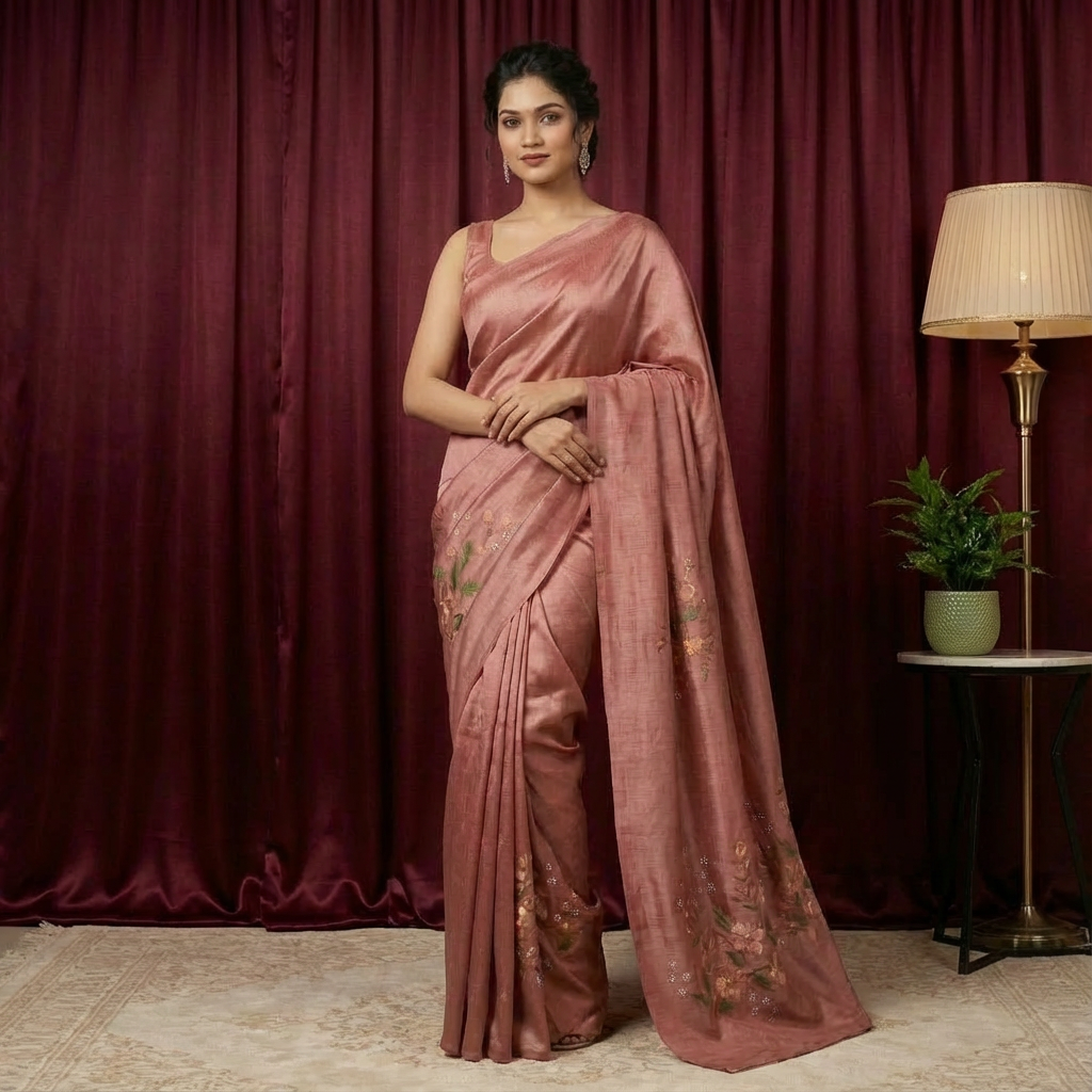 Banana Brown Heritage Silk Saree – Hand-Printed Beauty