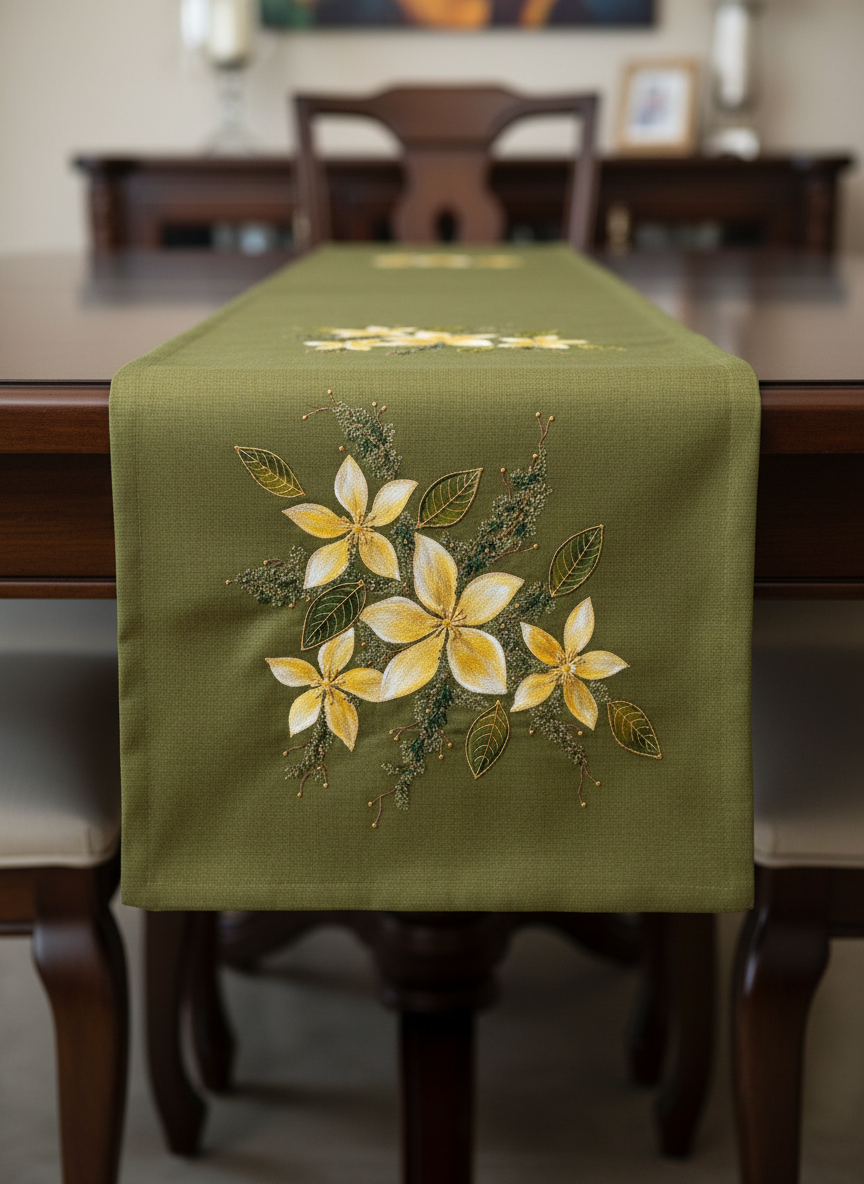 Olive Green Hand-Painted Design Table Runner