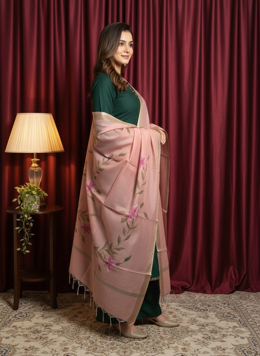 Rose Pink Floral Hand Print Dupatta