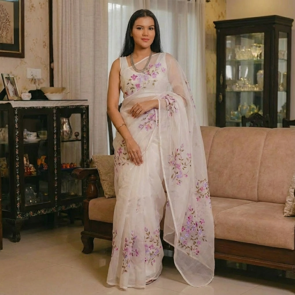 White Organza Saree with Hand-Print Design