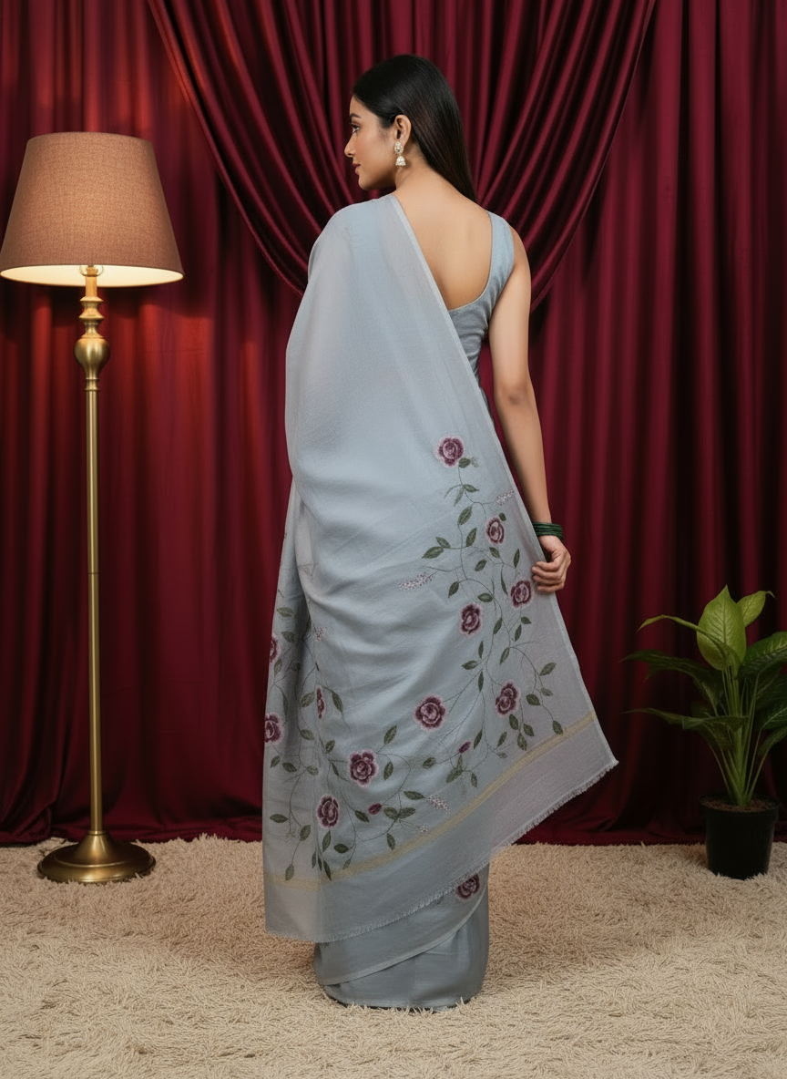 Modal Silk with Langadi Pallu Gray Hand-Painted Saree – Elegant & Artistic
