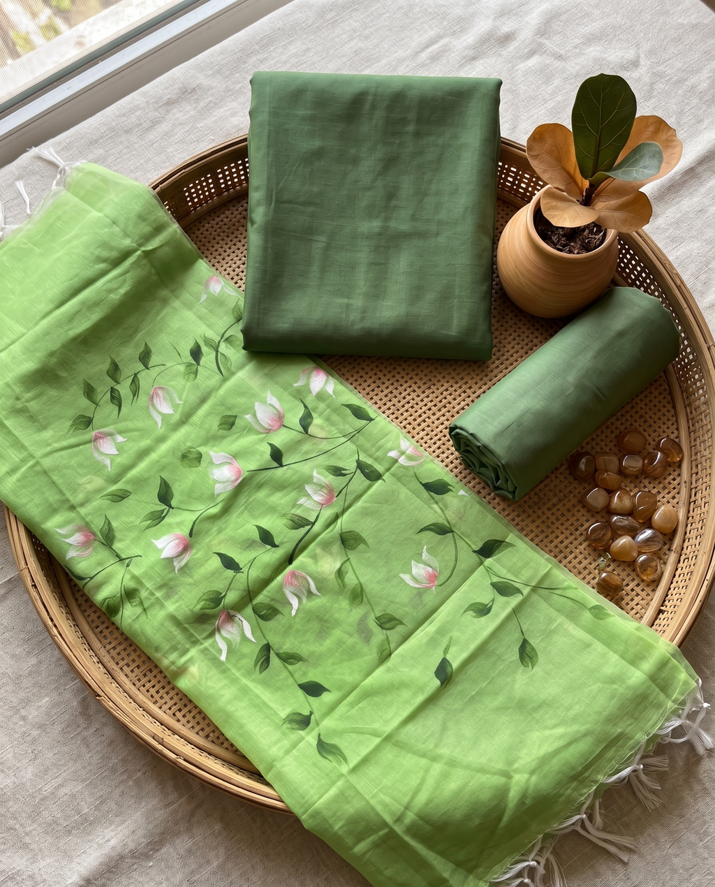 Mint Petals Hand-paint kurta set (Unstitched)
