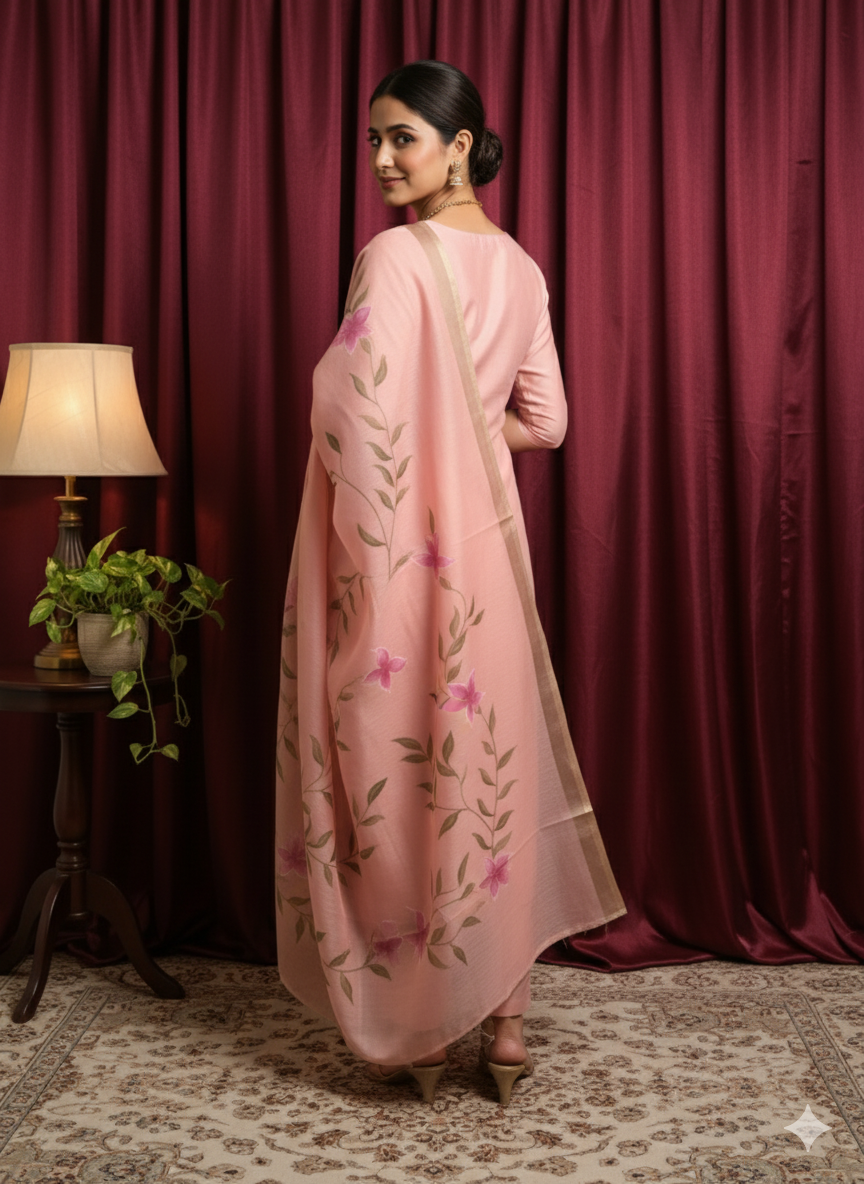 Peach color with Green Floral Chanderi Cotton Hand-Print Dupatta