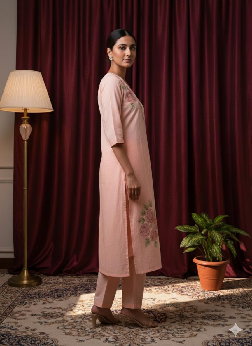 Pink Grace – Hand-Painted Cotton Kurta