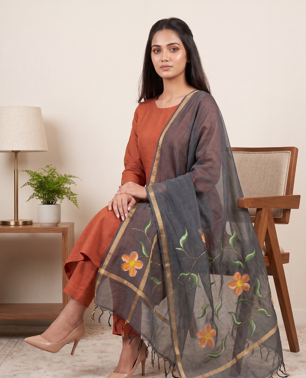 Sunset Flora hand painted kurta set (Unstitched)