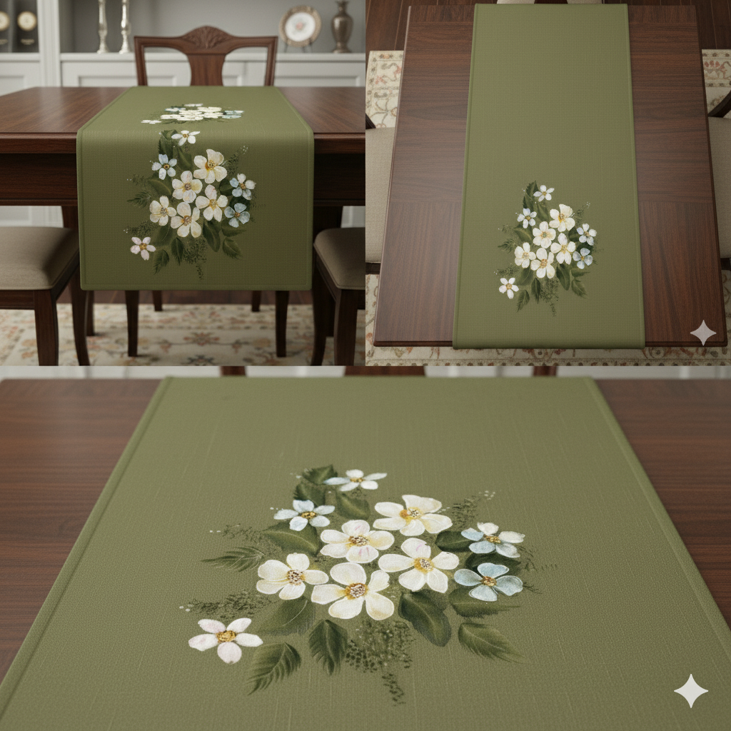 Olive Green Hand-Painted Table Runner — Premium Home Décor