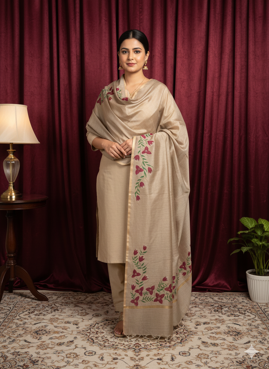 Beige Color with Red Flowers – Chanderi Dupatta (Hand-Painted Design)