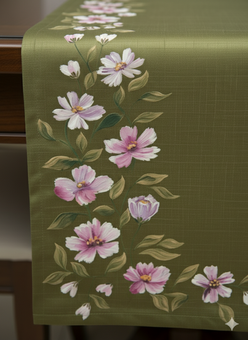 Olive Green Hand-Painted Design Table Runner