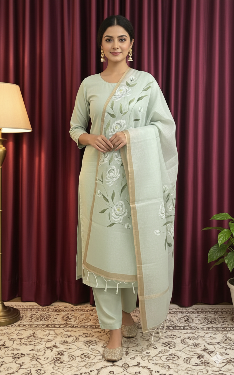 Aqua Green Cotton Chanderi Dupatta – Hand-Painted Flora Design