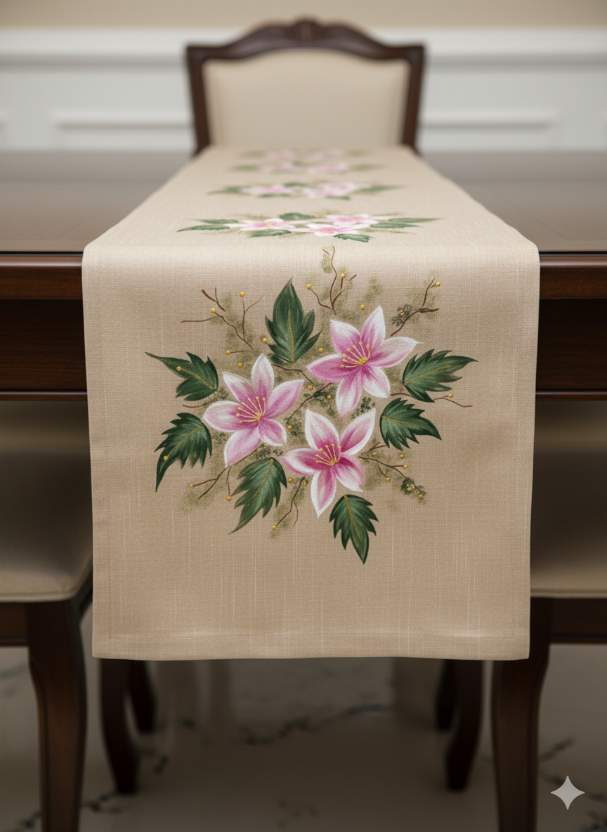 Beige with pink flora Design Hand-Painted Table Runner