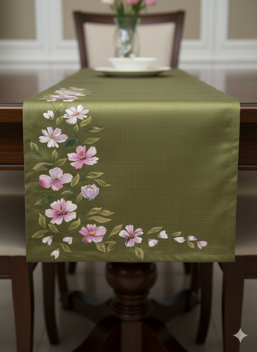 Olive Green Hand-Painted Design Table Runner
