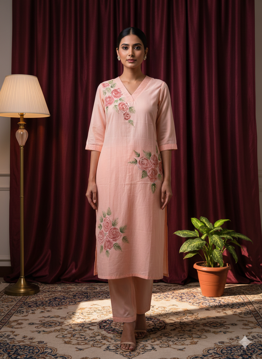 Pink Grace – Hand-Painted Cotton Kurta