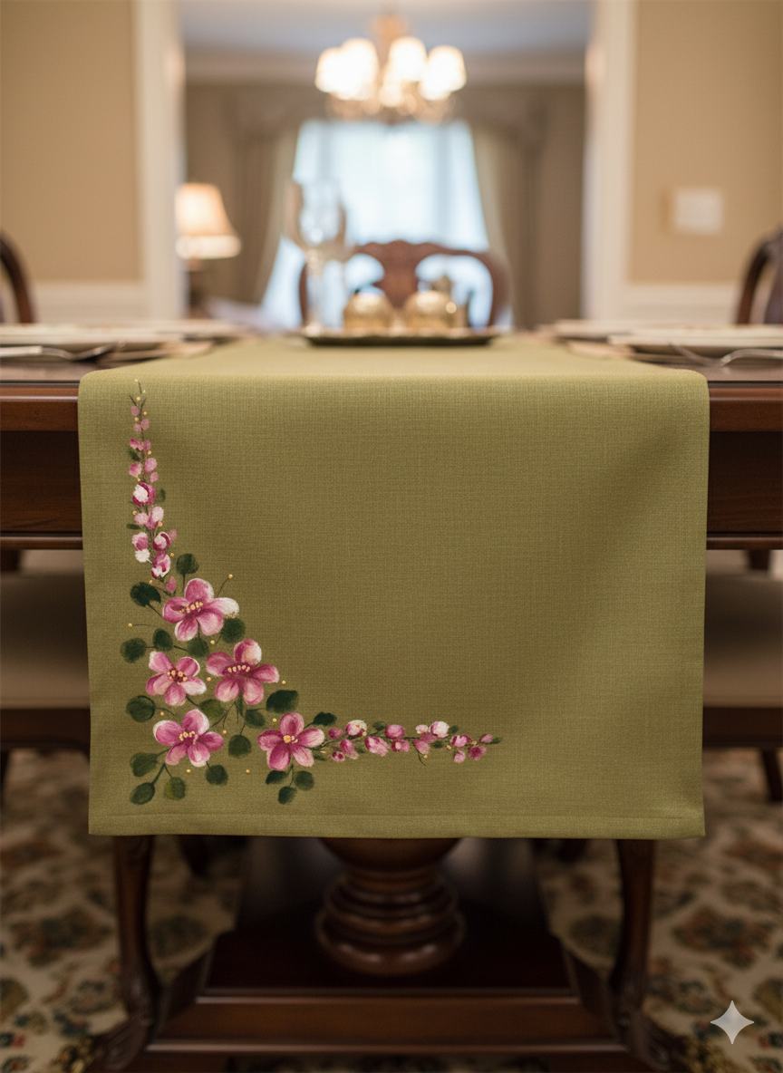 Olive Green Hand-Painted Design Table Runner