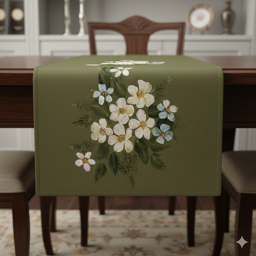 Olive Green Hand-Painted Table Runner — Premium Home Décor