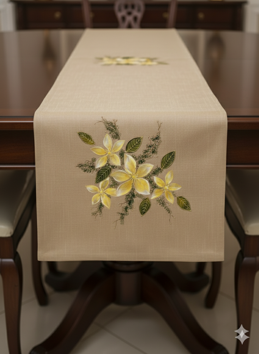 Beige Yellow Flowers- Design Hand-Painted Table Runner