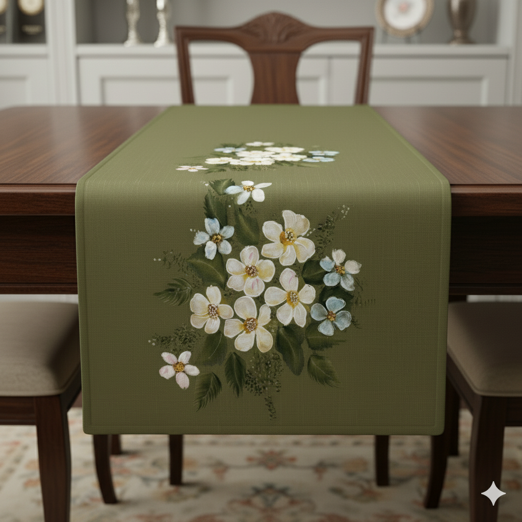 Olive Green Hand-Painted Table Runner — Premium Home Décor