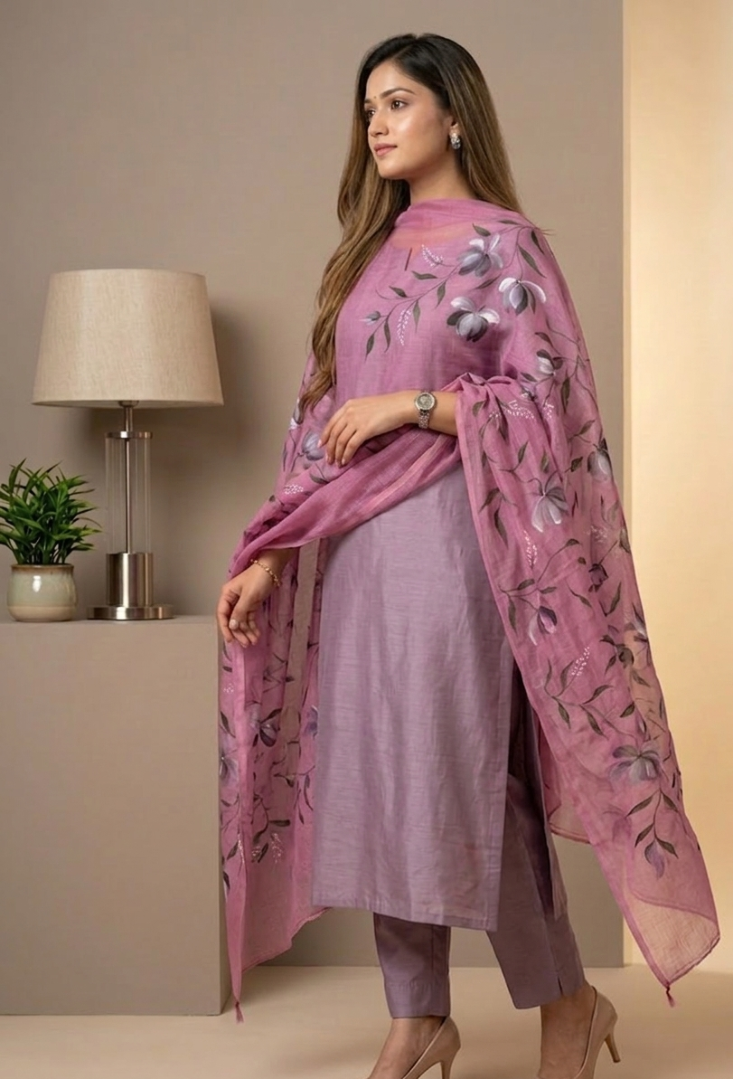 Berry Orchid Mist Hand-paint kurta set ( Unstitched )
