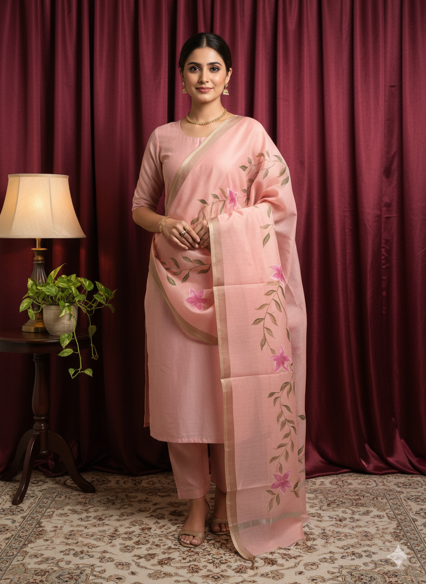 Peach color with Green Floral Chanderi Cotton Hand-Print Dupatta