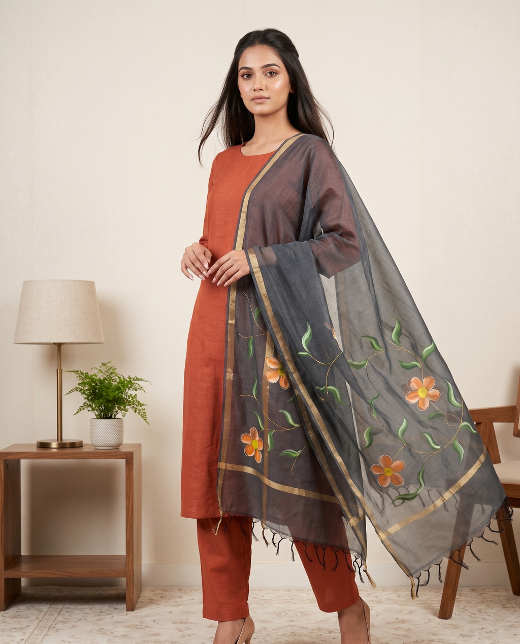 Sunset Flora hand painted kurta set (Unstitched)