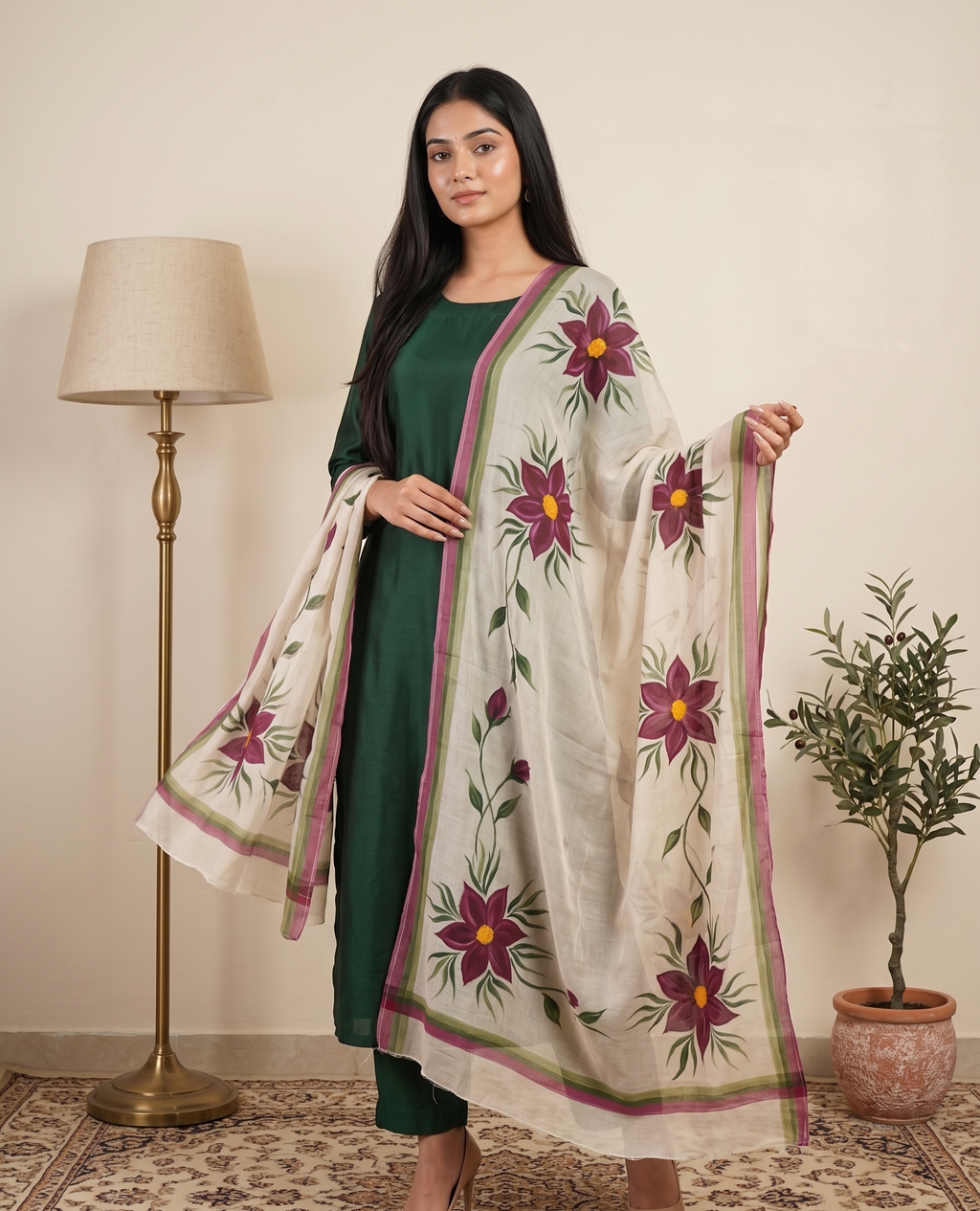 Basil Bloom Hand-paint kurta set (Unstitched)