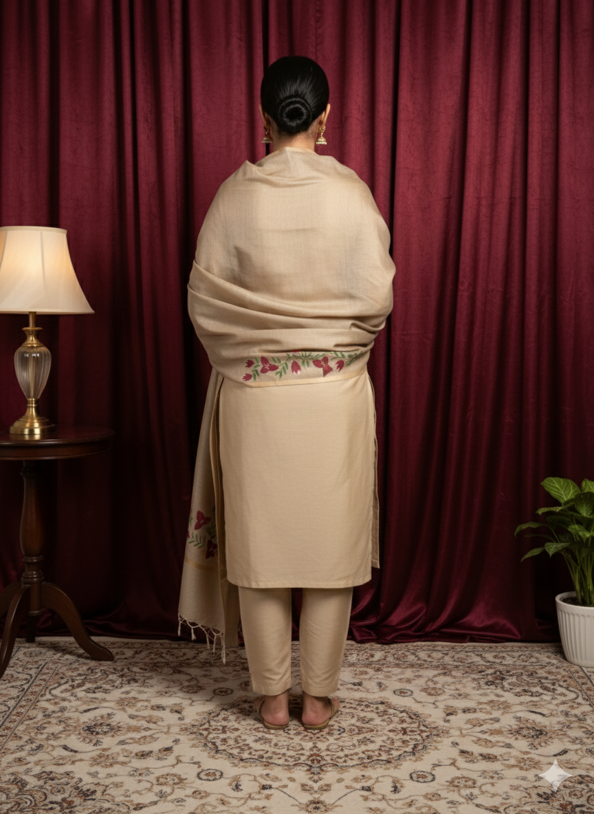 Beige Color with Red Flowers – Chanderi Dupatta (Hand-Painted Design)