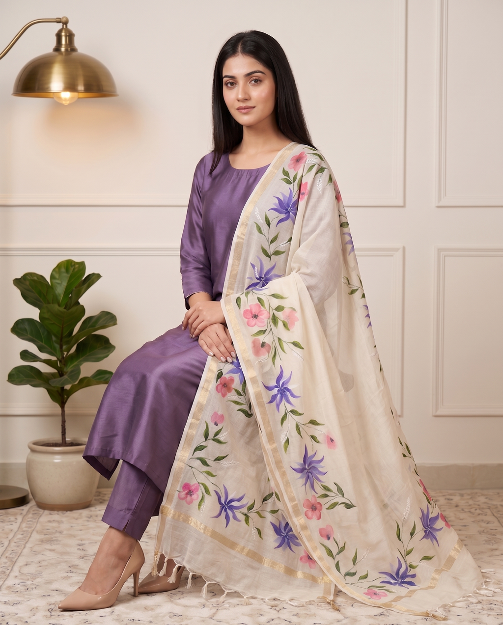 Noor Lavender Hand-paint kurta set ( Unstitched )