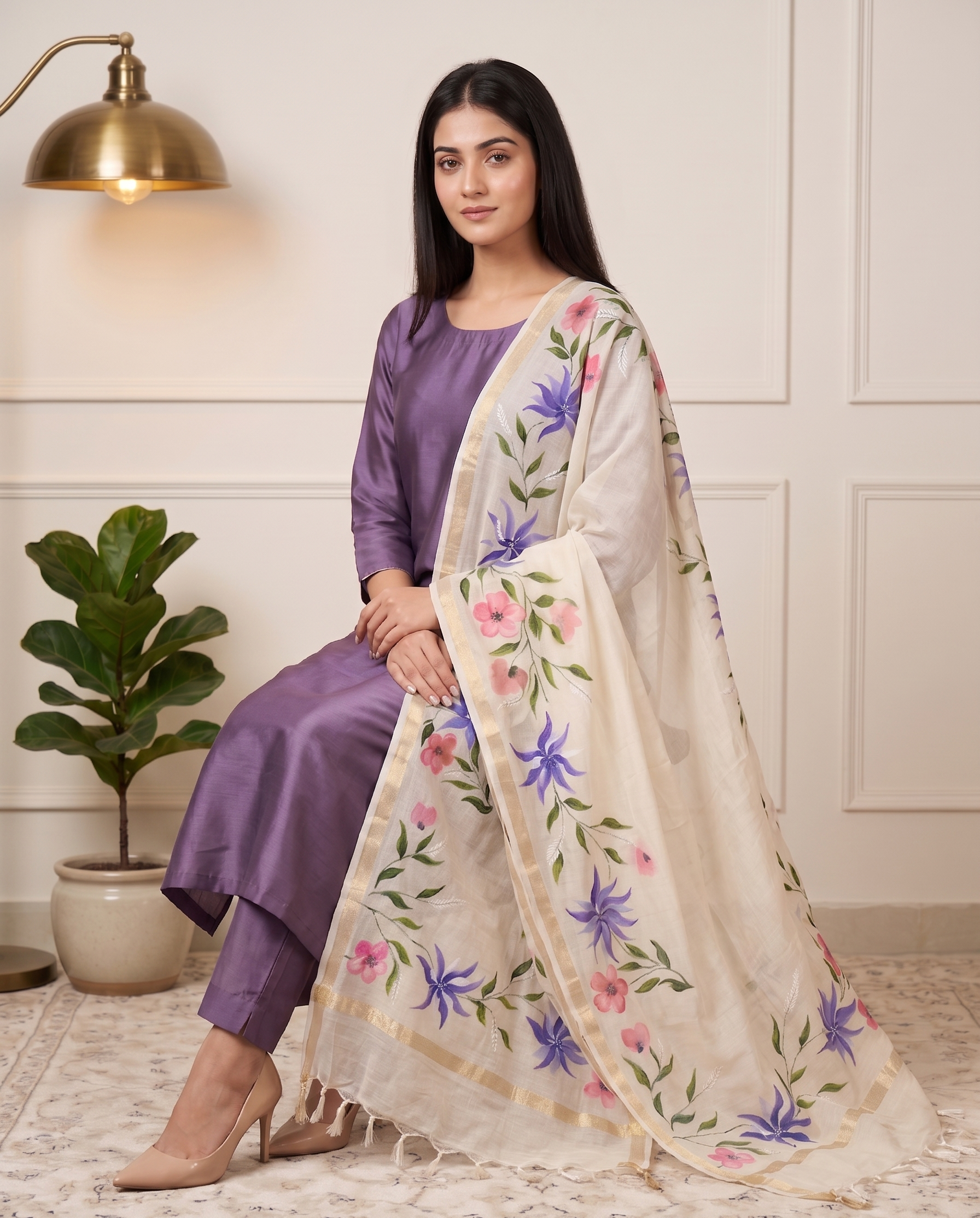 Noor Lavender Hand-paint kurta set ( Unstitched )